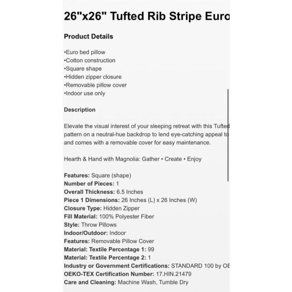 Hearth & Hand 26"x26" Tufted Rib Stripe Euro Bed Pillow Cream/Natural - Picture 5 of 8